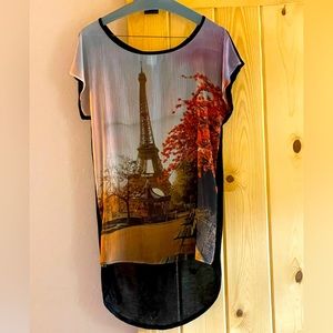 Romantic chiffon & cotton graphic Eiffel Tower top, Sz M/L